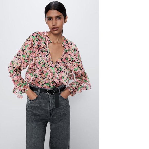Zara Tops - ZARA Women's Size Medium Pink Floral Long Sleeve V-Neck Ruffle Loose Blouse Top